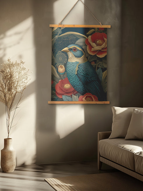Elegant Victorian-style bird wall tapestry featuring detailed blue songbird surrounded by vintage coral peonies and classical botanical foliage in ornate vintage illustration style, measuring 26 inches wide by 36 inches long, made from silky polyester fabric with advanced 3D printing technology that mimics embroidery texture, complete with beautiful stained wooden frame and natural twine hanging system for easy wall mounting, perfect for vintage-inspired living rooms, bedrooms, or classic home decor